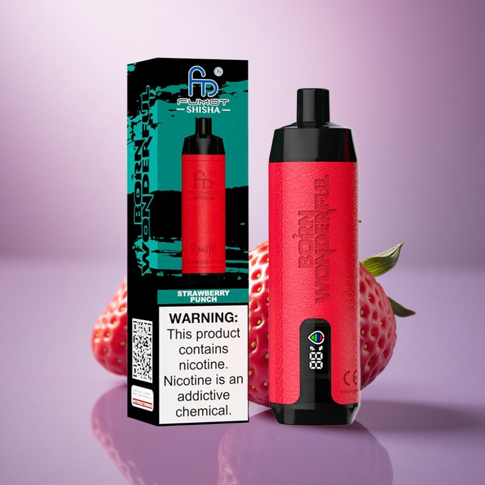 RandM Fumot Shisha 10000 Puffs Punho de Morango com Indicador LED e Bateria 850 mAh