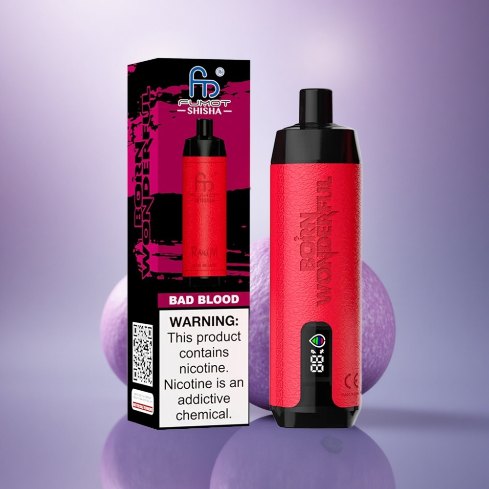 RandM Fumot Shisha 10000 Puffs Sangue Ruim Vape Descartável com Indicador LED e 0,5% de Nicotina