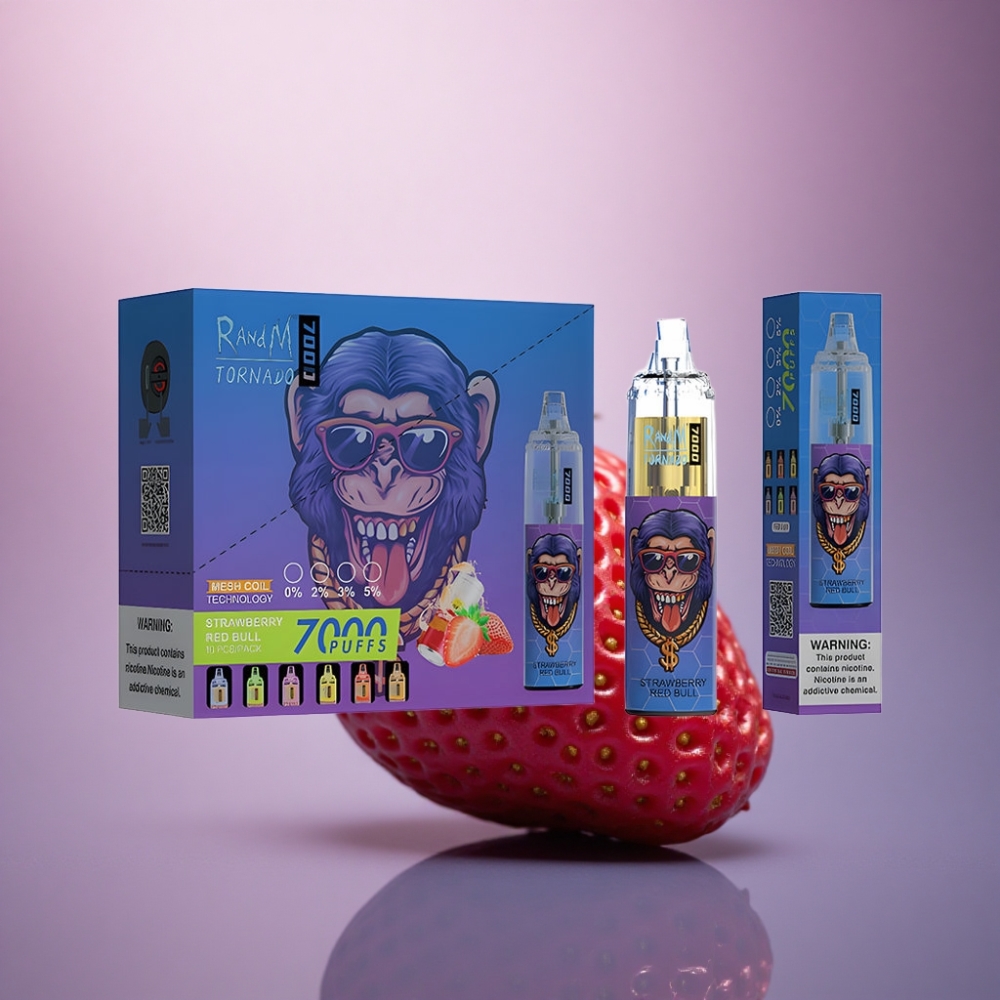 RandM Fumot Tornado 7000 Puffs Morango Red Bull Tipo-C 850mAh Ajuste de Ar