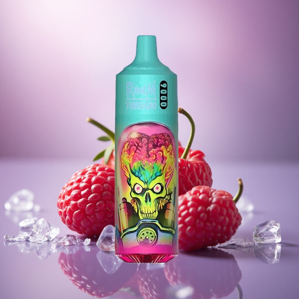 RandM Fumot Tornado 9000 Puffs Sorvete de Morango Framboesa Cereja com 18 mL e 850 mAh