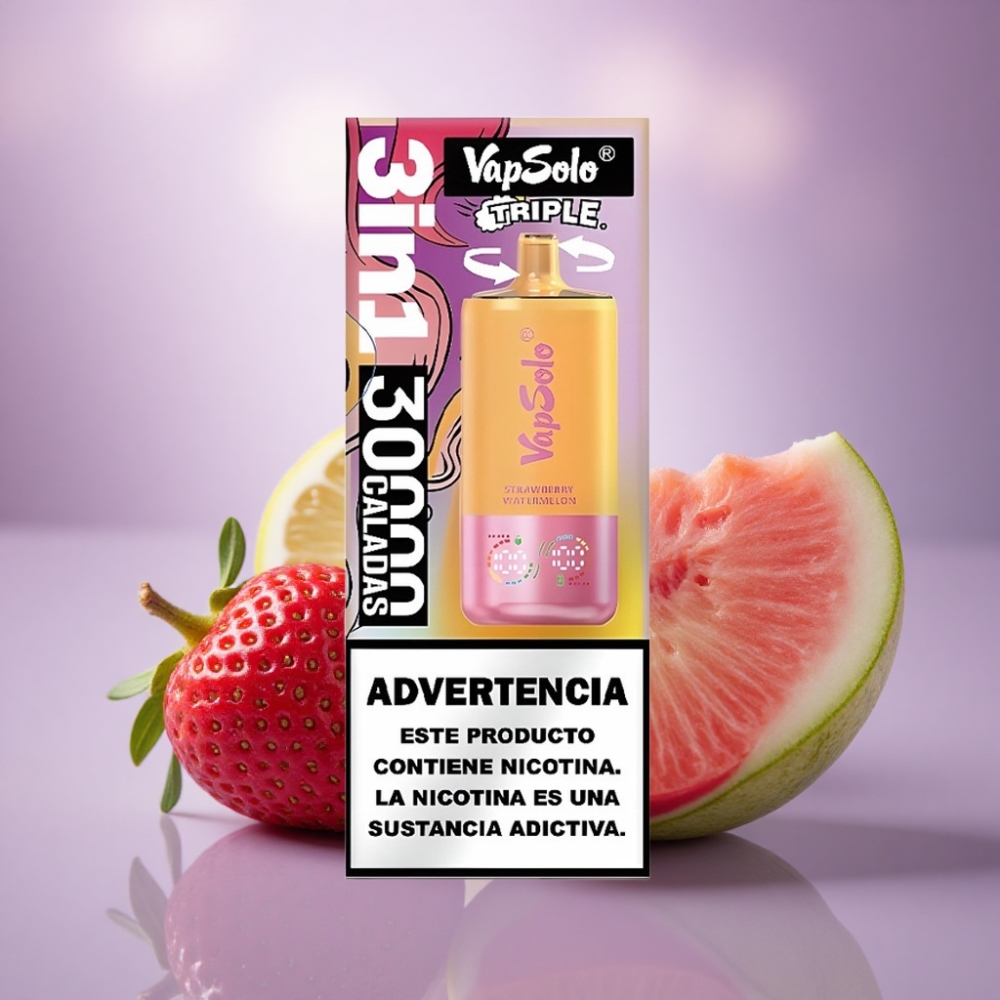 Vapsolo Triple 30000 Puffs Morango Melancia & Pêssego Limão com 40ml de E-Líquido e Nicotina 20 mg/ml